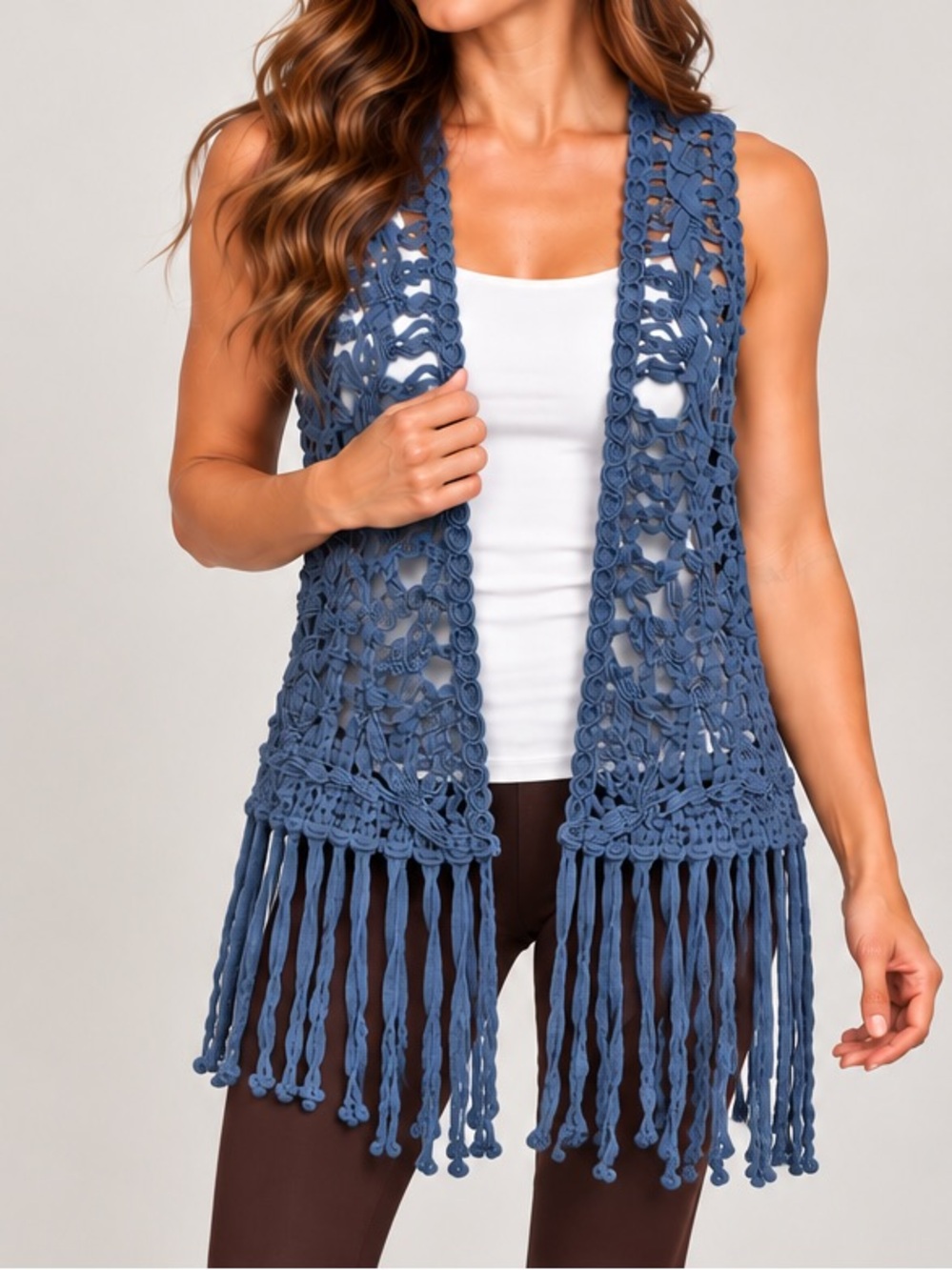 Cato Blue Textured Fringe Vest Boho Open Front Sleeveless M
